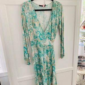 Green python print maxi wrap dress